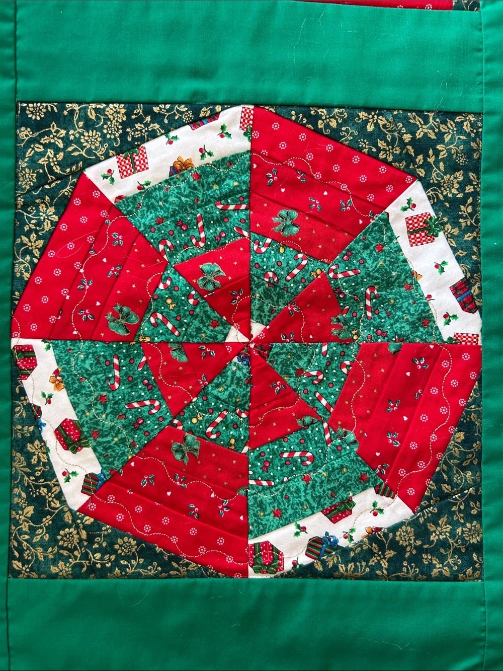 Handmade Holiday Table Runner - Red & Green Festive Quilt
